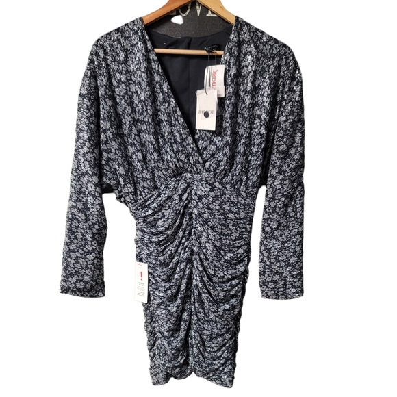 NWT Bardot Soft Blue Metallic Flora Crossover Ruched Bracelet Sleeve Dress SZ 8 - Picture 3 of 7